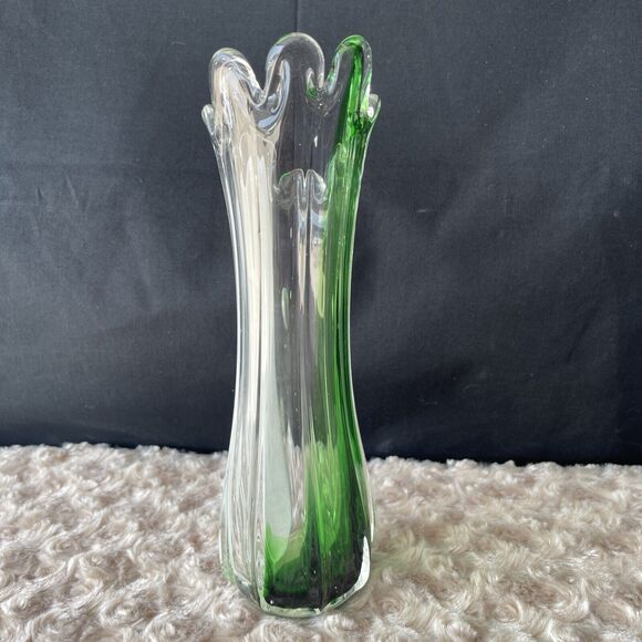 Vintage Swung Glass Finger Vase Clear White Green Ribbed 9” Handblown - Picture 4 of 8